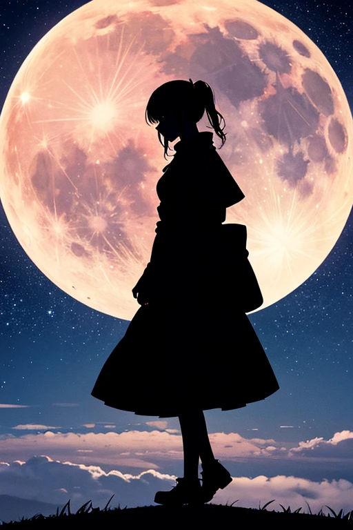 Highest quality,Big moon and shadow,A silhouette of a person can be seen against the backdrop of a large moon.,There is one full moon,There is a mood,Beautiful scenery,Starry Sky