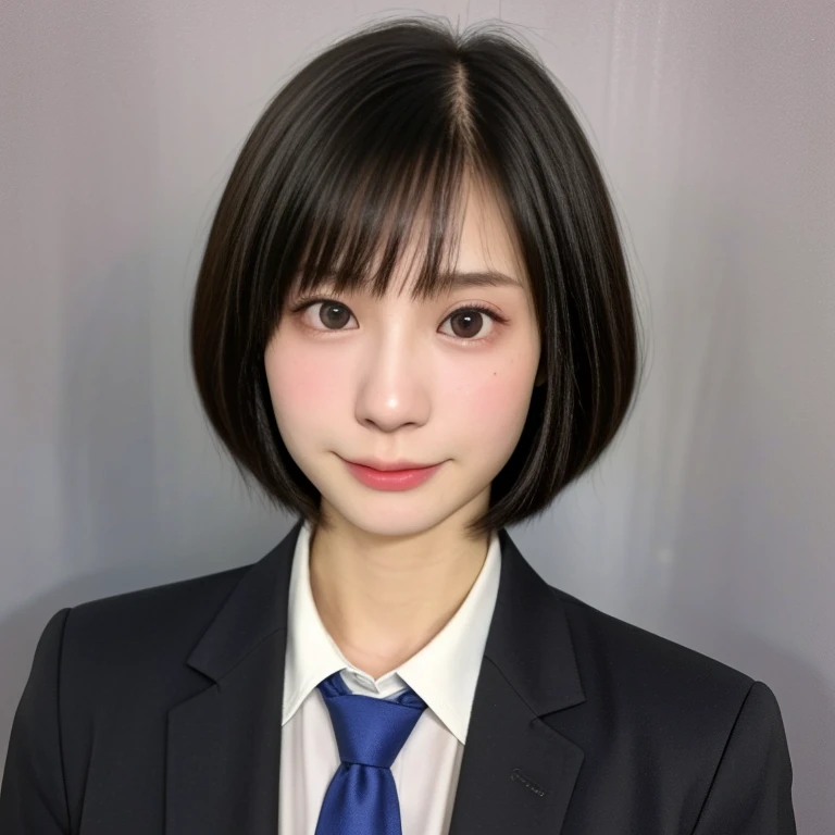 (kawaii 18 year-old Japanese girl, Nogizaka idol, Korean idol, highschool student), healthy female athlete body, (glossy black hair, short hair, pixie cut, bangs:1.3), (rounded face, beautiful black eyes, single eyelid, no makeup, embarrassed expression:1.2), (wearing suit jacket, collared shirt, necktie:1.3), extra small breasts, BREAK, (simple white background), (id photo, yearbook photo, view from forward, upper body shot),  BREAK, (masterpiece, best quality, photo realistic, official art:1.4), (UHD, 8K quality wallpaper, high resolution, raw photo, golden ratio:1.3), (shiny skin), professional lighting, physically based rendering, award winning, (highly detailed skin, extremely detailed face and eyes), Carl Zeiss 85 mm F/1.4, depth of field, 1girl, solo,