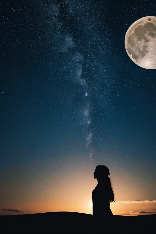 Highest quality,Big moon and shadow,A silhouette of a person can be seen against the backdrop of a large moon.,There is one full moon,There is a mood,Beautiful scenery,Starry Sky