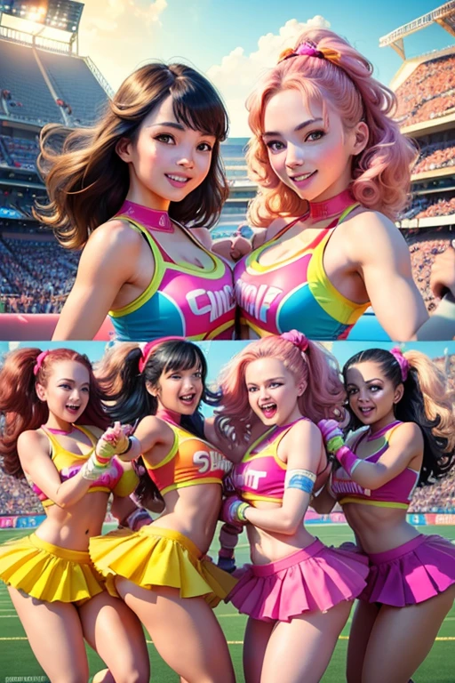 elegant cheerleaders, 5girls, smiling, dynamic poses, colorful cheerleading outfits, pom poms, cheering, enthusiastic expressions, vivid colors, sunlight, outdoor stadium setting, (best quality,4k,8k,highres,masterpiece:1.2),ultra-detailed,(realistic,photorealistic,photo-realistic:1.37),professional photography