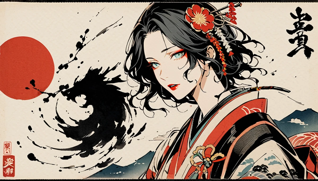 (((Ink Painting))), (((1 girl))), (((Flashy makeup))), (((woman))), (((warrior))), (((Izanami))), Japan刀, Black Hair, Delicate and precise, Modern ukiyo-e style,Japan, Japanese flag