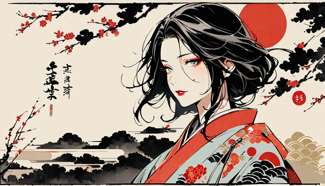 (((Ink Painting))), (((1 girl))), (((Flashy makeup))), (((woman))), (((warrior))), (((Izanami))), Japan刀, Black Hair, Delicate and precise, Modern ukiyo-e style,Japan, Japanese flag