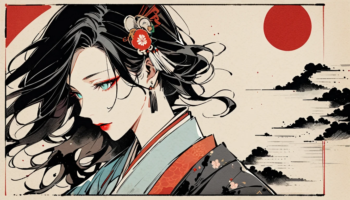 (((Ink Painting))), (((1 girl))), (((Flashy makeup))), (((woman))), (((warrior))), (((Izanami))), Japan刀, Black Hair, Delicate and precise, Modern ukiyo-e style,Japan, Japanese flag