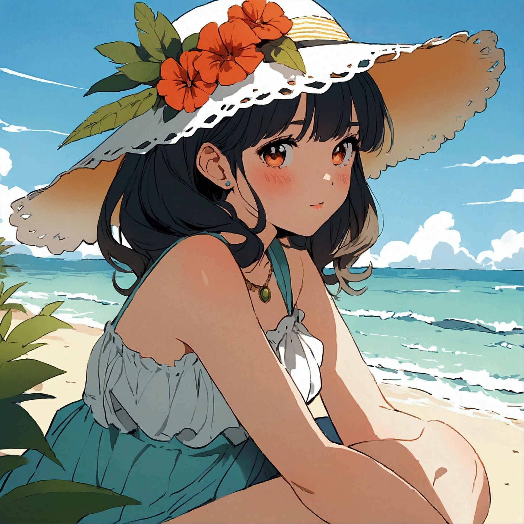 Seaside Summer Sitting Girl Nostalgic