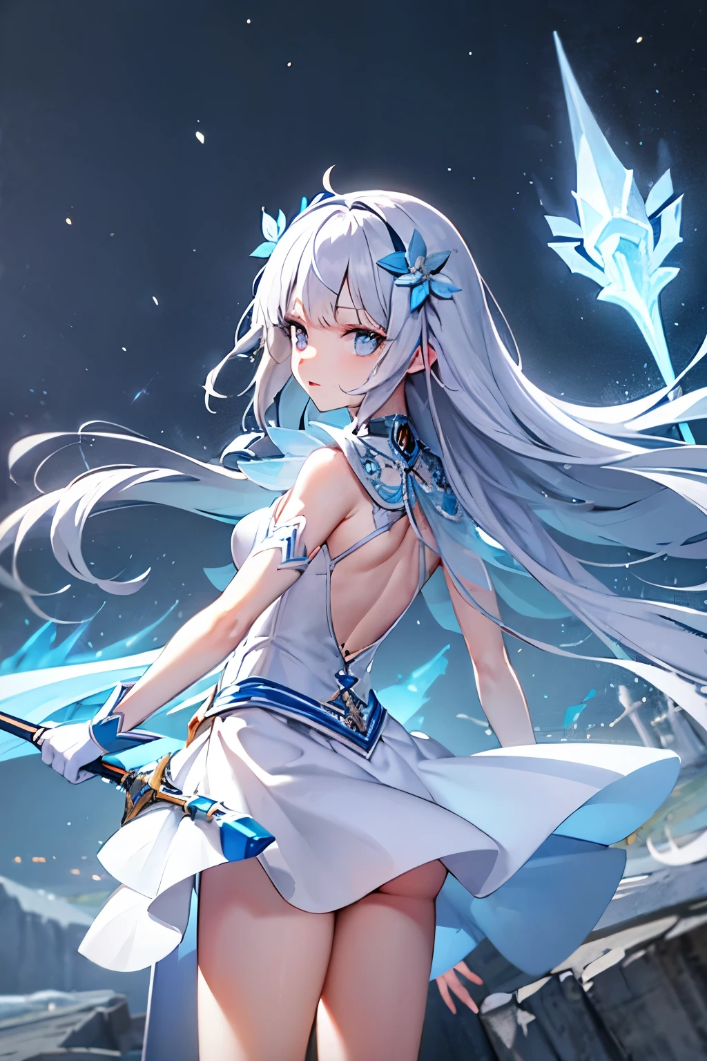 ice World,Ice Castle,Ice Queen,Ice Warrior,A sparkling and beautiful ice world,1girl,solo,long hair,looking at viewer,bangs,Blue eyes,skirt,hair ornament,gloves,holding,weapon,flower,white hair,choker,sword,hair flower,blunt bangs,cape,holding weapon,white skirt,blue flower,blue choker,blue cape,2D style,Girl,cute,cute,beautiful,From above,From the back,Thigh to head,Focus on the face,looking at the camera,look back,Get angry,Odd Eye,Gothic Fashion,armor,armor,Fantasy,Castle,blue sky,noon,sunny,full moon,snow,Lighting using airborne particles,ice World,Sword in right hand,A hawk perches on my left shoulder