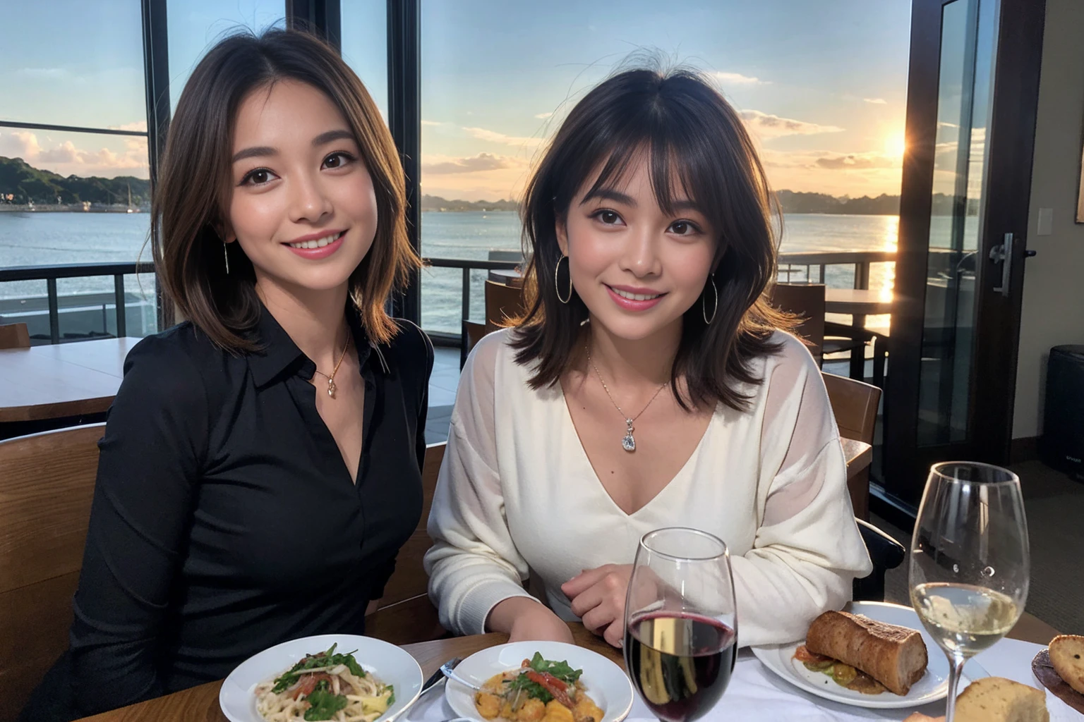 ((Highest quality、8k、masterpiece:1.3))、cute、slimカップル、modelカップル、actress男優、(Realistic, Intricate details:1.2), full-course dinner、wine 、Amazing view of the sunset sky and clouds、A bright smile、short hair,Bright Face、 (45 years old), 48 years old, 赤wine 、Appetizers、Italian food、wine bottle、Champagne、スパークリングwine、Two beauties、Brown Hair、Shortcuts、Long sleeve shirt、dress、Beautiful woman 1, (slimな顔), (The body is slim), (Brown Hair), (Shortcuts), cheeks turn a little red,Attractive beauty、restaurant, In a prominent place (From the waist up) Nova Frog Style, actress, model, Upper Body, 白wine, slim, wineグラス, 中央に置かれたwineグラス, smile, (smile: 1.15), Beautiful fine grain, Depth f/2,saturation, High Contrast, Strong light and shadow,Moist Body:1.5、3D texture、Delicate eyes、Brown Hair、The hair is very shiny、
