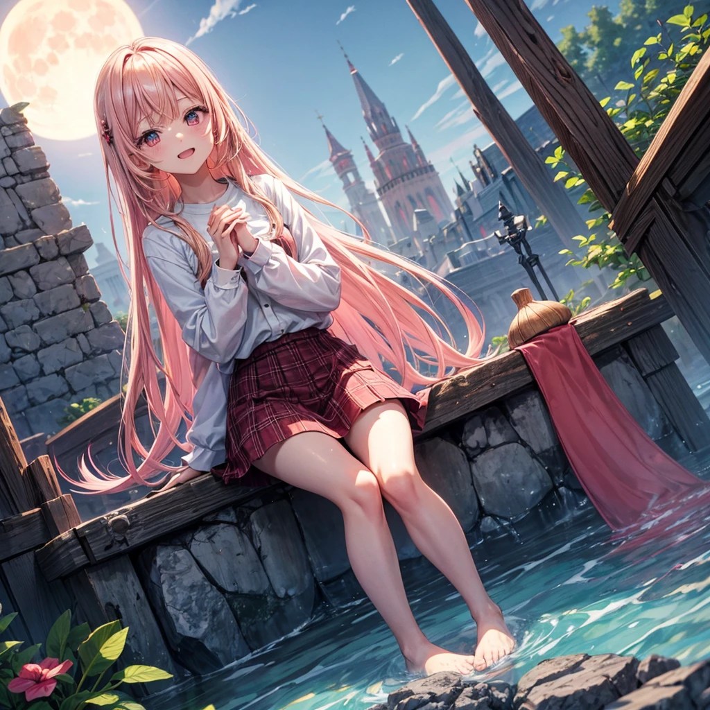 Pink Blonde、Red eyes、One cute girl、solo、And soul、Light clothing、Checked mini skirt、petal、Wet hair、Sit on、black t-shirts、Has a button、large tree、cloud、Red full moon、desert、barefoot、Stones are piled up、Teeth are visible、Secret Treasure、Wooden chair、Fortress City、water is gushing out、Tilting face、Hands together