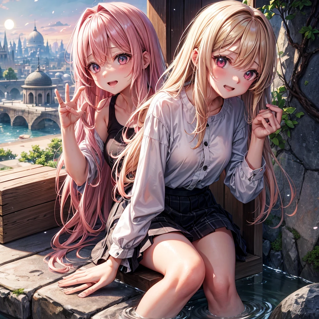 Pink Blonde、Red eyes、One cute girl、solo、And soul、Light clothing、Checked mini skirt、petal、Wet hair、Sit on、black t-shirts、Has a button、large tree、cloud、Red full moon、desert、barefoot、Stones are piled up、Teeth are visible、Secret Treasure、Wooden chair、Fortress City、water is gushing out、Tilting face、Hands together