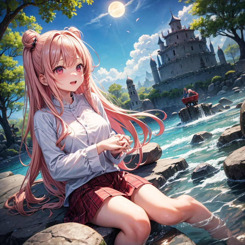 Pink Blonde、Red eyes、One cute girl、solo、And soul、Light clothing、Checked mini skirt、petal、Wet hair、Sit on、black t-shirts、Has a button、large tree、cloud、Red full moon、desert、barefoot、Stones are piled up、Teeth are visible、Secret Treasure、Wooden chair、Fortress City、water is gushing out、Tilting face、Hands together