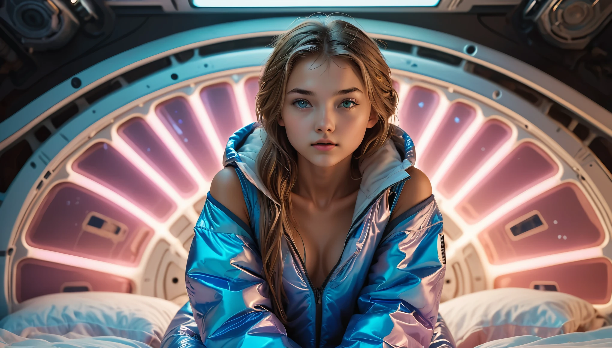 Top Quality, Masterpiece, High Resolution, 8k, ((2 cute barely legal girls in light pink blue opened shiny puffer with plunging neckline, short sleeves, wide neckline, deep neckline, small perky breasts, extremely detailed face, detailed slightly open eyes, beautiful detailed lips, random side shaved long hair style, small hips, very young)), in a spaceship, on bed, intricate details, at night, backlit, random neon color, full body shot, view from distance, random pose