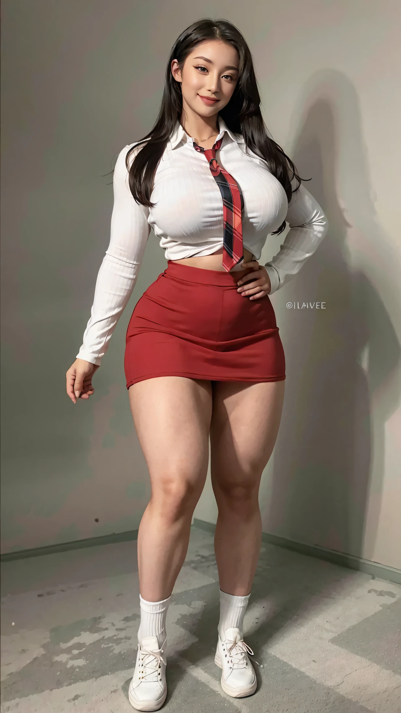 ultra high res, photo, 4k, absurdres, (incredible absurdity), ((masterpiece, best quality)), (wallpaper), (8k hd), ((full body picture)),((gigantic breasts)), ((muscle female)),tall girl:1.4,abs, photo background, skirt, 1girl, solo, necktie, plaid, plaid skirt, black hair, long hair, realistic, red necktie, shirt, hand on hip, cosplay, photo inset, looking at viewer, white shirt, smile, cardigan, red skirt, , long sleeves, standing, brown eyes, collared shirt