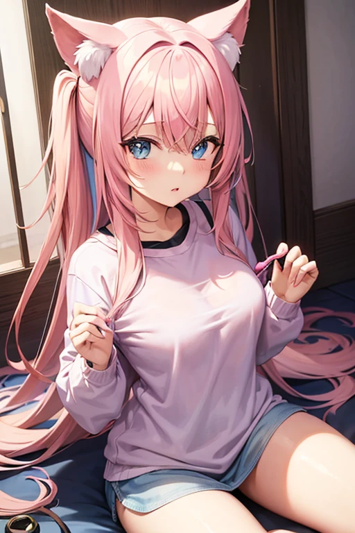 anime girl, pink hair with two cat ears on top of her head, blue colored eyes, wearing a white sweatshirt along with black lace panties, playing with a ball of yarn on your back