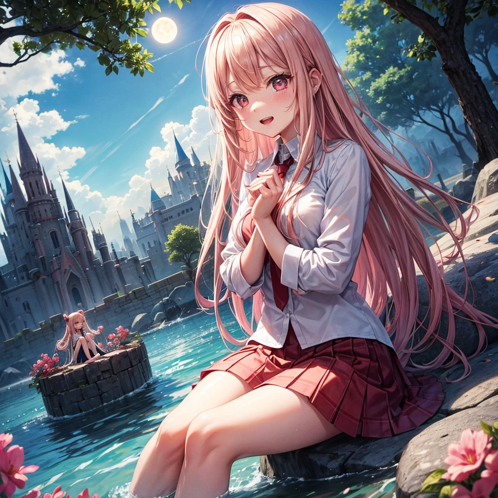 Pink Blonde、Red eyes、One cute girl、solo、And soul、Light clothing、Checked mini skirt、petal、Wet hair、Sit on、black t-shirts、Has a button、large tree、cloud、Red full moon、desert、barefoot、Stones are piled up、Teeth are visible、Secret Treasure、Wooden chair、Fortress City、water is gushing out、Tilting face、Hands together