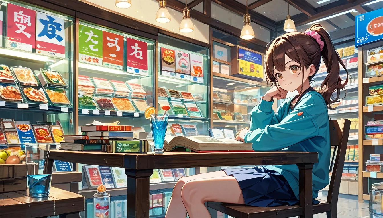 score_9, score_8_up, score_7_up, source_anime, masterpiece, best quality, very aesthetic, uncensored, 1girl, cute face, brown hair, voluminous ponytail with pink scrunchie, sitting at table, juice shop, glass of juice, alone, read a book