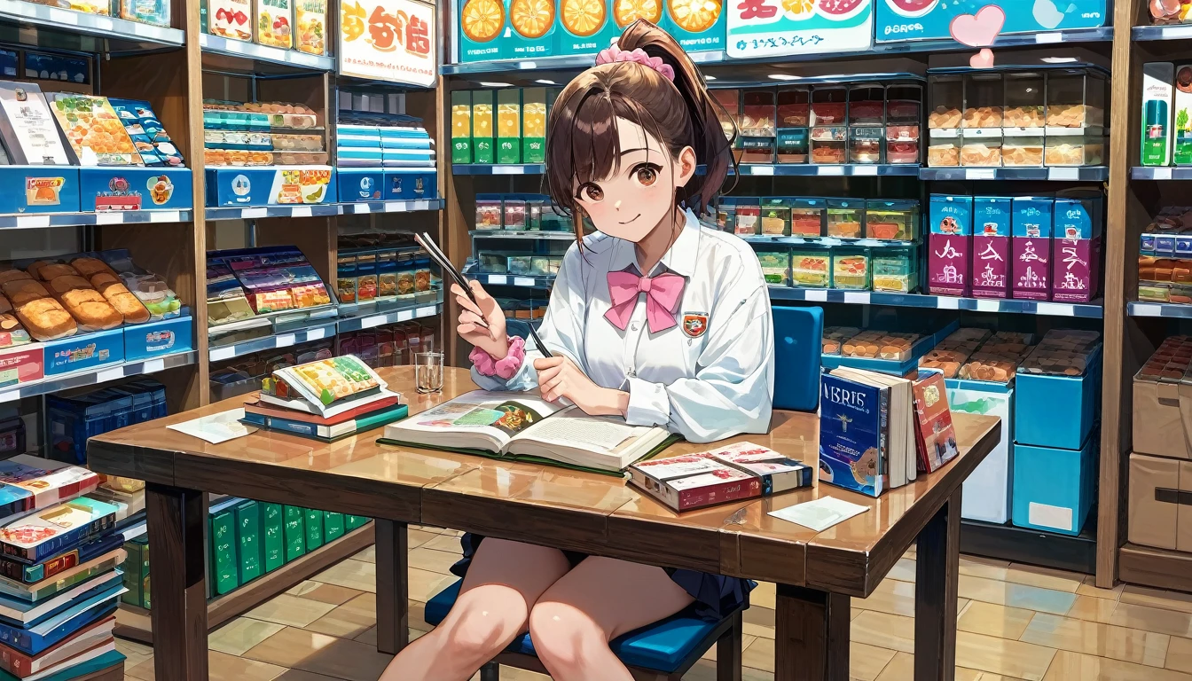 score_9, score_8_up, score_7_up, source_anime, masterpiece, best quality, very aesthetic, uncensored, 1girl, cute face, brown hair, voluminous ponytail with pink scrunchie, sitting at table, juice shop, glass of juice, alone, read a book
