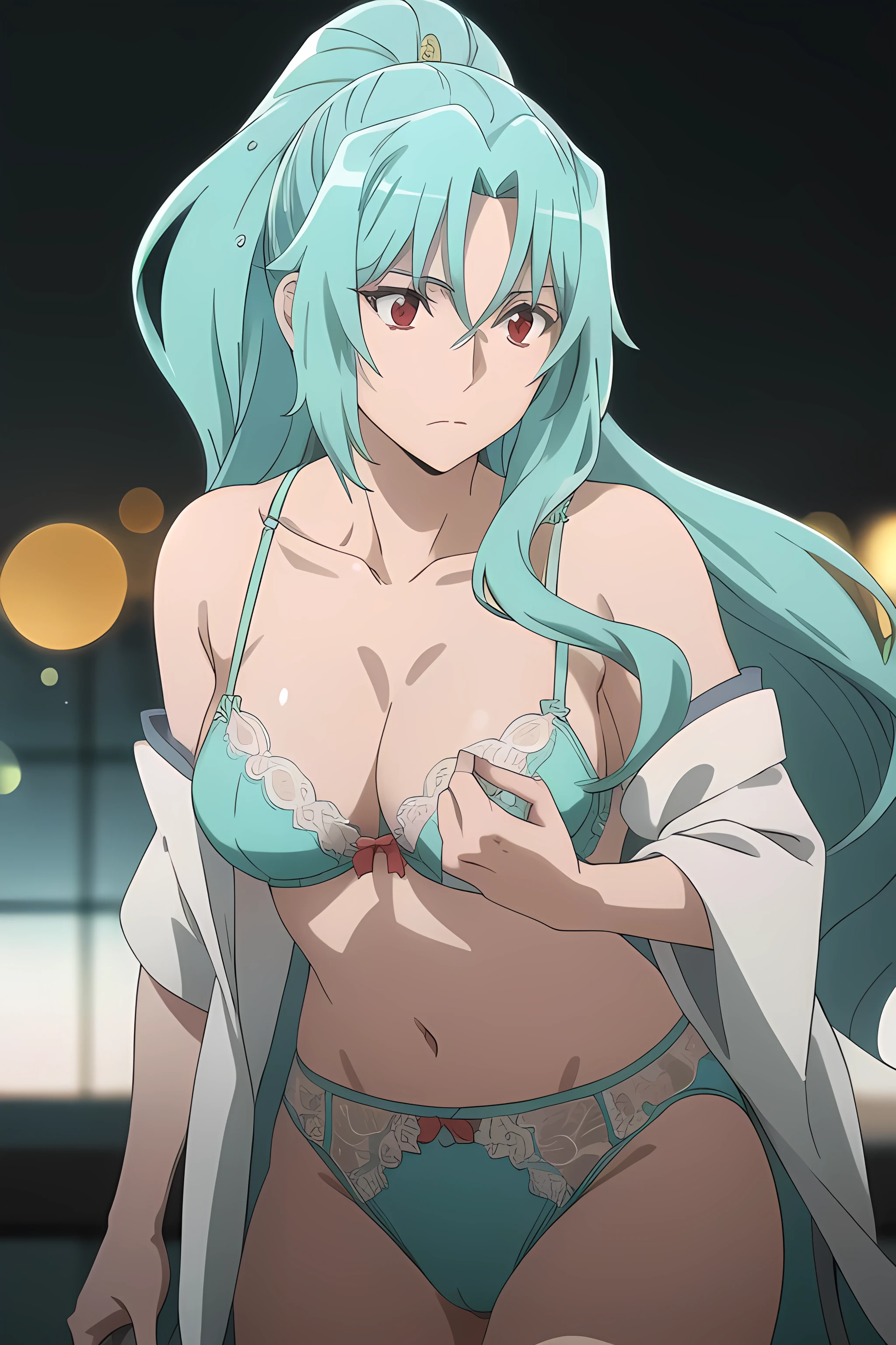 photorealistic, (4k), depth of field, (Masterpiece), (realistic skin texture), extremely detailed, intricate, hyper detailed, high resolution, professional photography, bokeh, sharp detail, best quality, woman, long hair, aqua hair, ponytail, red eyes, large breasts, standing, japanese style, , tomoe, aqua hair, long hair, ponytail, aqua lace bra, aqua lace panties, aqua lace lingerie, no clothes, no cloth, big breasts, perky tits, shining breasts