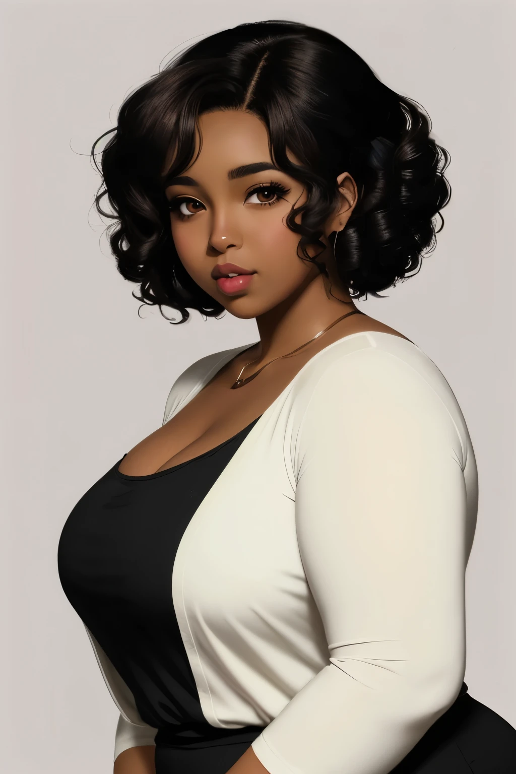 Anime illustration of dark brown skin latina girl, 25 year old, plus size, curvy, overweight, black eyes, black curly hair, big lips, anime, sleek design, side parted hairstyle, almond shaped eyes,