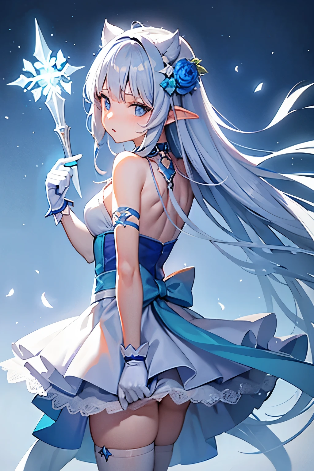 ice World,Ice Castle,Ice Queen,Ice Warrior,A sparkling and beautiful ice world,1girl,solo,long hair,looking at viewer,bangs,Blue eyes,skirt,hair ornament,gloves,holding,weapon,flower,white hair,choker,sword,hair flower,blunt bangs,cape,holding weapon,white skirt,blue flower,blue choker,blue cape,2D style,Girl,cute,cute,beautiful,From above,From the back,Thigh to head,Focus on the face,looking at the camera,look back,Get angry,Odd Eye,Gothic Fashion,armor,armor,Fantasy,Castle,blue sky,noon,sunny,full moon,snow,Lighting using airborne particles,ice World,Sword in right hand,A hawk perches on my left shoulder