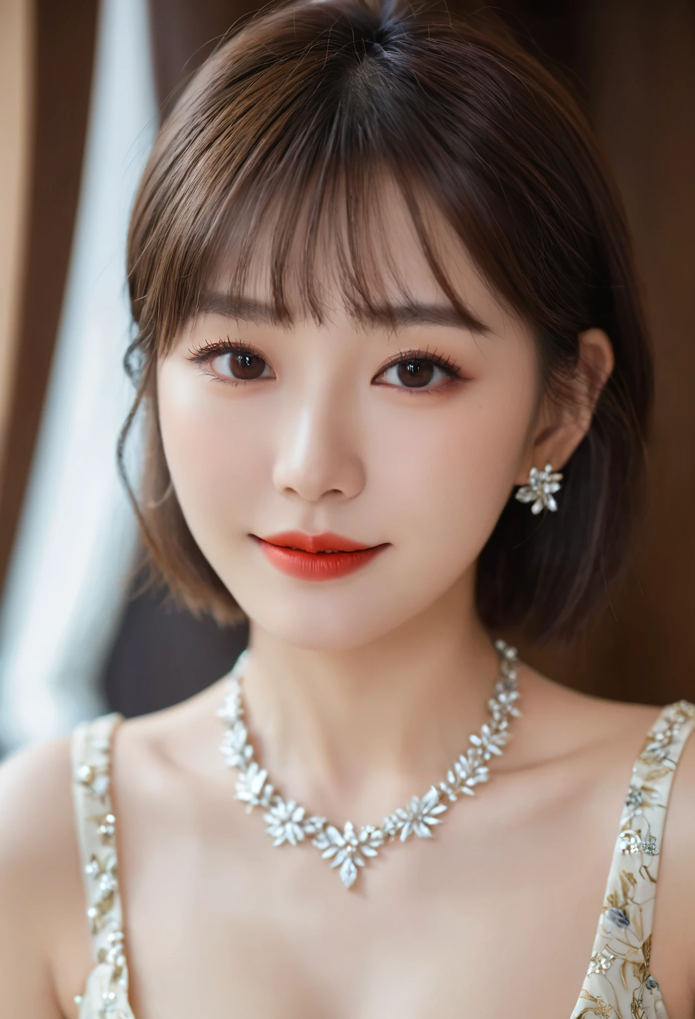 (Highest quality、On the table、8k、Best image quality、Award-winning works)、(Young girl, 24-years-old:1.3)、(The perfect floral dress,Sense of luxury,)、(Red eyeshadow:1.2)、Perfect Makeup、Long eyelashes、Ultra HD Shining Eyes、Ultra HD Hair、Ultra-high resolution glossy lips、Ultra High Resolution Perfect Teeth、Ultra HD cute face、Brown Hair、(Very short straight hair:1.1)、Look at me and smile、[clavicle]、Accurate anatomy、(Face close-up:1.5)、Luxury Love Hotel、(The most atmospheric warm light:1.2)、Blurred Background、Has bangs、Ultra-high-definition, shiny, moisturized face、Ultra-high resolution glowing skin、The most delicate face、Super high resolution detailed faces、ultra high resolution hair、Ultra high resolution glowing eyes、Beautiful face with detailed expression、Ultra high resolution glossy red lips、Big Breasts、Split、Fashion Necklace
