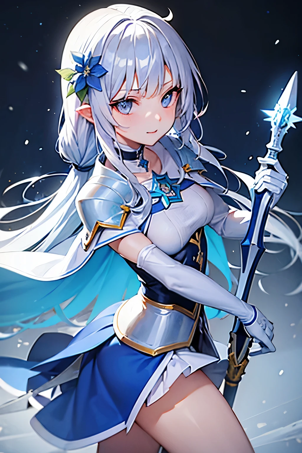 ice World,Ice Castle,Ice Queen,Ice Warrior,A sparkling and beautiful ice world,1girl,solo,long hair,looking at viewer,bangs,Blue eyes,skirt,hair ornament,gloves,holding,weapon,flower,white hair,choker,sword,hair flower,blunt bangs,cape,holding weapon,white skirt,blue flower,blue choker,blue cape,2D style,Girl,cute,cute,beautiful,From above,From the back,Thigh to head,Focus on the face,looking at the camera,look back,Get angry,Odd Eye,Gothic Fashion,armor,armor,Fantasy,Castle,blue sky,noon,sunny,full moon,snow,Lighting using airborne particles,ice World,Sword in right hand,A hawk perches on my left shoulder