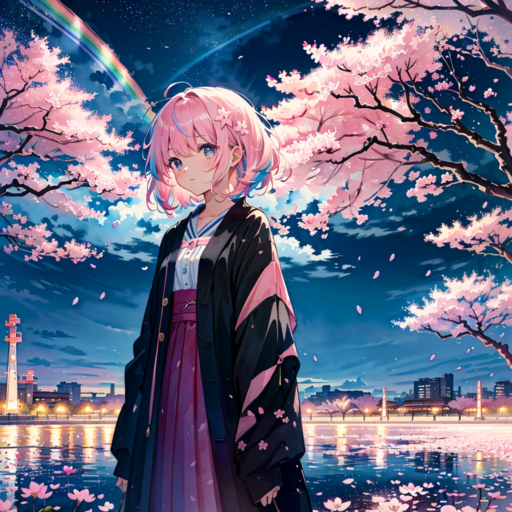
(Masterpiece, Best Quality, Best Quality, Watercolor (Crinkly), Official Art, Beautiful and Aesthetic: 1.2), (One Girl: 1.3), (Fractal Art: 1.3), Pattern, (Rainbow Hair, Colorful Hair, half blue and half light pink hair: 1.2), clouds, starry sky, performers, ((rain)),(((cherry blossoms))),(night),(cherry blossoms)