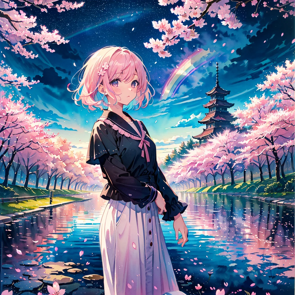 (Masterpiece, Best Quality, Best Quality, Watercolor (Crinkly), Official Art, Beautiful and Aesthetic: 1.2), (One Girl: 1.3), (Fractal Art: 1.3), Pattern, (Rainbow Hair, Colorful Hair, half blue and half light pink hair: 1.2), clouds, starry sky, performers, ((rain)),(((cherry blossoms))),(night),(cherry blossoms)