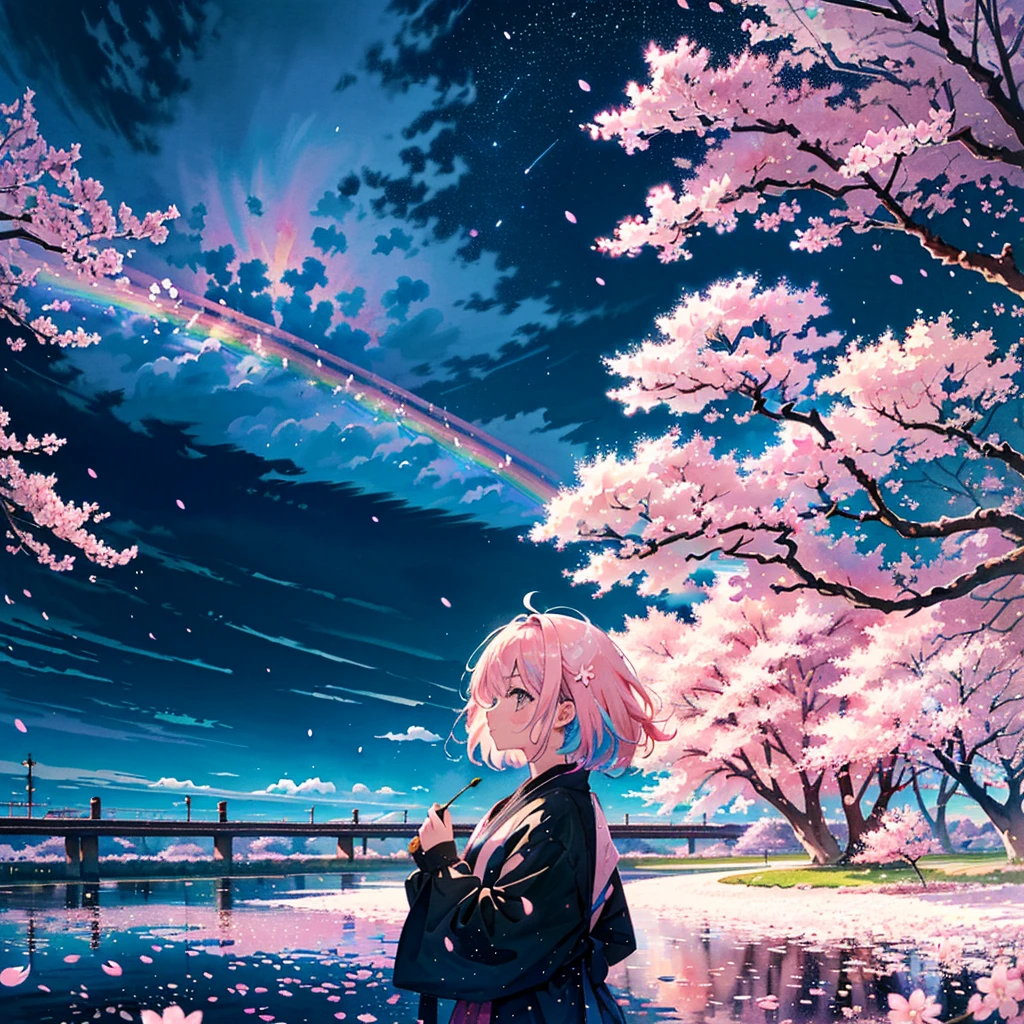 (Masterpiece, Best Quality, Best Quality, Watercolor (Crinkly), Official Art, Beautiful and Aesthetic: 1.2), (One Girl: 1.3), (Fractal Art: 1.3), Pattern, (Rainbow Hair, Colorful Hair, half blue and half light pink hair: 1.2), clouds, starry sky, performers, ((rain)),(((cherry blossoms))),(night),(cherry blossoms)