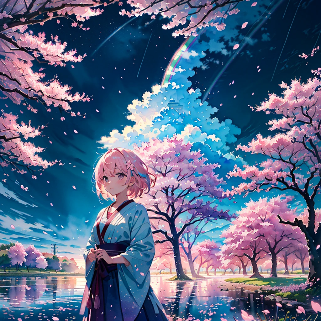 (Masterpiece, Best Quality, Best Quality, Watercolor (Crinkly), Official Art, Beautiful and Aesthetic: 1.2), (One Girl: 1.3), (Fractal Art: 1.3), Pattern, (Rainbow Hair, Colorful Hair, half blue and half light pink hair: 1.2), clouds, starry sky, performers, ((rain)),(((cherry blossoms))),(night),(cherry blossoms)