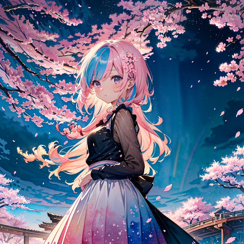 
(Masterpiece, Best Quality, Best Quality, Watercolor (Crinkly), Official Art, Beautiful and Aesthetic: 1.2), (One Girl: 1.3), (Fractal Art: 1.3), Pattern, (Rainbow Hair, Colorful Hair, half blue and half light pink hair: 1.2), clouds, starry sky, performers, ((rain)),(((cherry blossoms))),(night),(cherry blossoms)