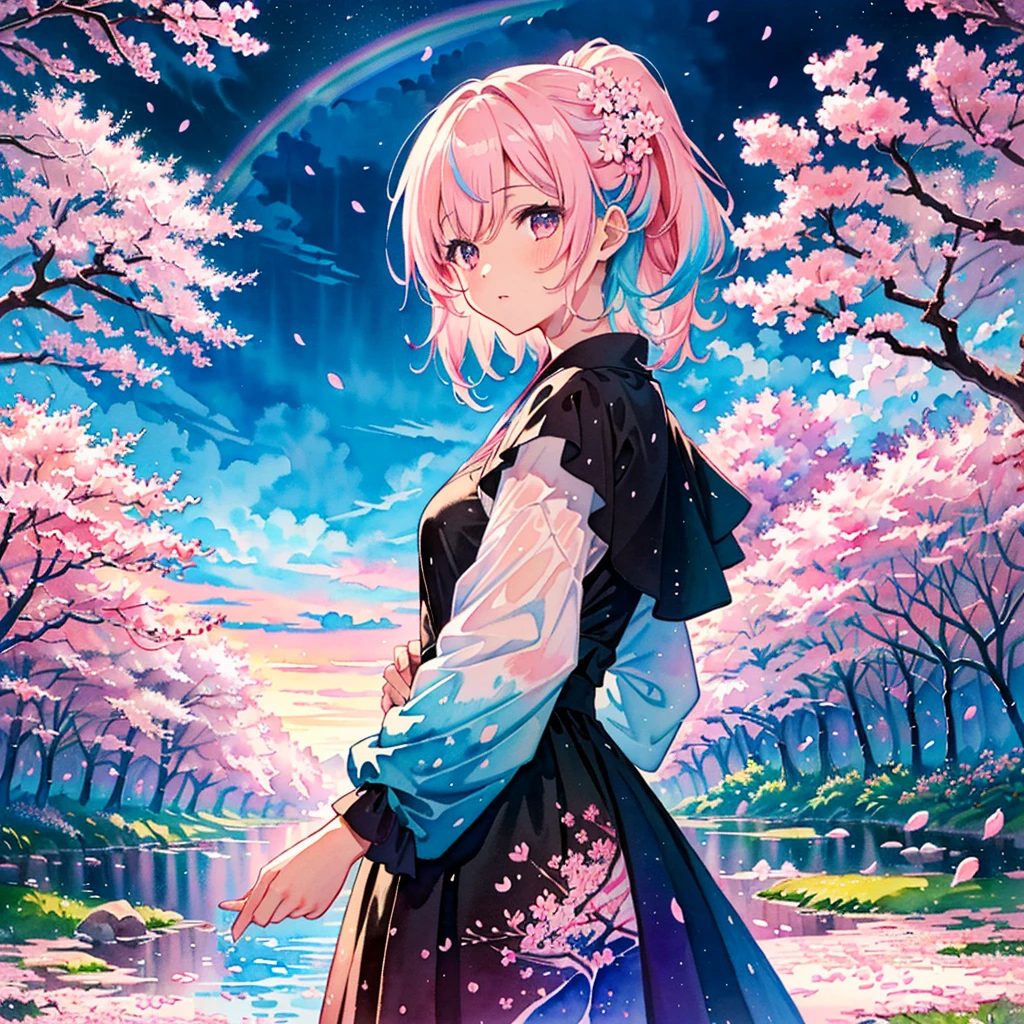 (Masterpiece, Best Quality, Best Quality, Watercolor (Crinkly), Official Art, Beautiful and Aesthetic: 1.2), (One Girl: 1.3), (Fractal Art: 1.3), Pattern, (Rainbow Hair, Colorful Hair, half blue and half light pink hair: 1.2), clouds, starry sky, performers, ((rain)),(((cherry blossoms))),(night),(cherry blossoms)