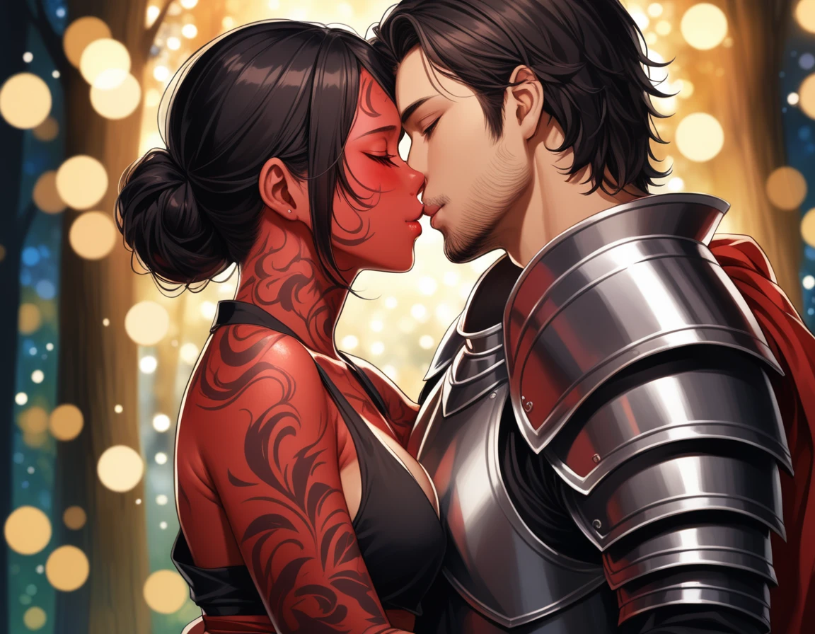 8K, RAW, best quality, masterpiece, ultra high res, colorful, portrait, (medium wide shot), (dynamic perspective), sharp focus , (depth of field, bokeh:1.3), extremely detailed eyes and face, beautiful detailed eyes,
couple, hugs, kiss, kissing, passion, love, moment, |
(1man, Human, Caucasian, human Knight, male in fullplate armor, muscular, stubble, short black hair, brown eyes:1.5), |
(1girl, Japanese, Oni, demon, girl with oni horns, girl with oni red skin, slander tail, wide samurai pants, geta footwear, black tight crop top, long black hair, red eyes, breasts bandage, medium breasts:1.5), |
near campfire, lean back to tree, looking at viewer, facing viewer, right side view, forest background, dark forest, night time