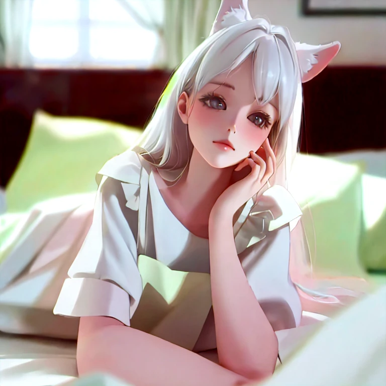a beautiful young girl lying on a bed, 1 girl, adorable, long white hair, pale skin, barefoot, white stockings, fox ears, maid uniform, alluring, (best quality,4k,8k,highres,masterpiece:1.2),ultra-detailed,(realistic,photorealistic,photo-realistic:1.37),intricate details, warm lighting, soft focus, beautiful eyes, delicate features, elegant pose, serene expression, dreamy, romantic, pastel colors, light and airy
