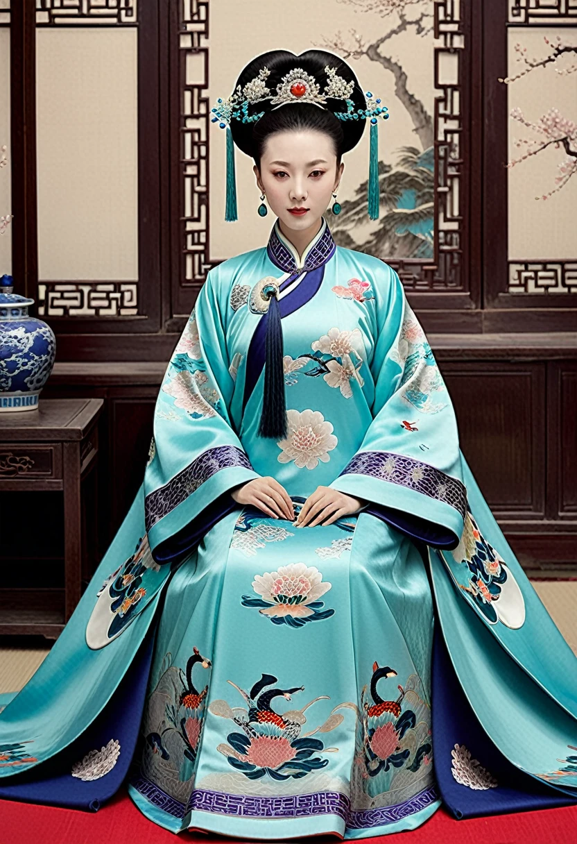 The Qing Dynasty Empress's large breasts, hairy body, and pubic hair can also be seen. She is sleeping in her bedroom with her hair pulled up and tied up, wearing a gorgeous flower-adorned hair ornament on both sides.、Background of crowning of Qing Dynasty Empress. Bedroom of palace of Qing Dynasty China.