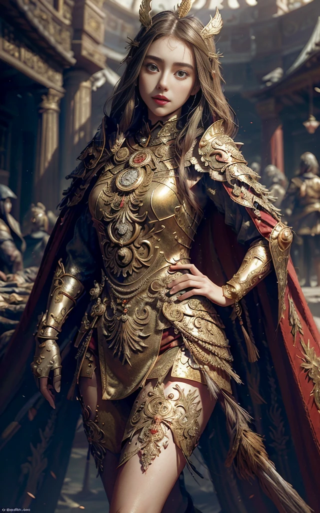 ((masterpiece))), ((best quality))), ((Extremely detailed)), (Surrealism), (Highly detailed CG illustrations), light, Practical, Very beautiful young lady,Sexy, Light makeup,, Complex details EABA, Red cape, spear