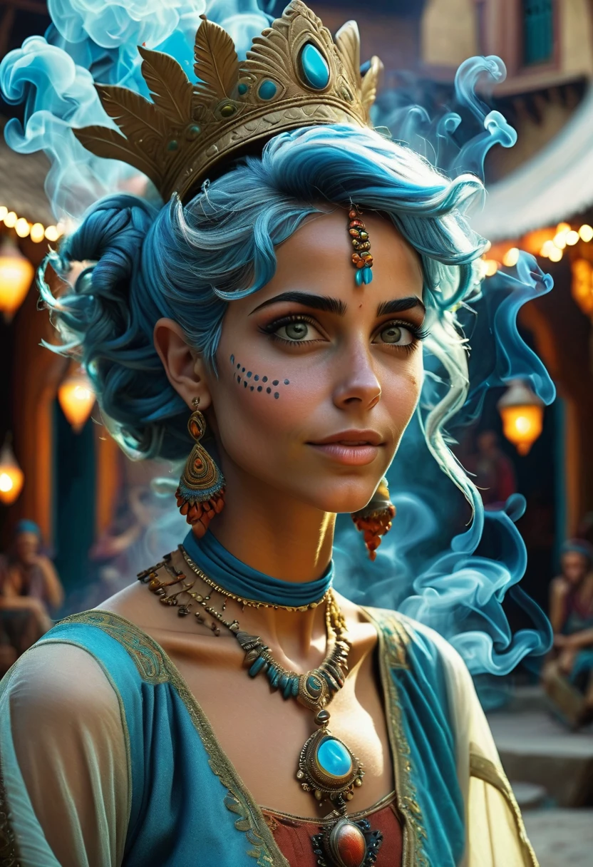 realistic, analog photo, Masterpiece, RAW photo, middle shot, photorealistic, (detailed cute face), genie, (folkloric Arabic creature), (in "Aladdin" style), (cute female, looks like Rachel Cook), short blue hair, blue skin, detailed Arabic village on background, (ghost blue smoke body), smoke particles, halo, (bioluminescent:0.95), vivid colors, vibrant color details, dynamic, Intensed eyes, sexy, pleasure, smoke splash, wishmaster, depth of field, 35mm, film grain, raw photo, isometric, extremely detailed