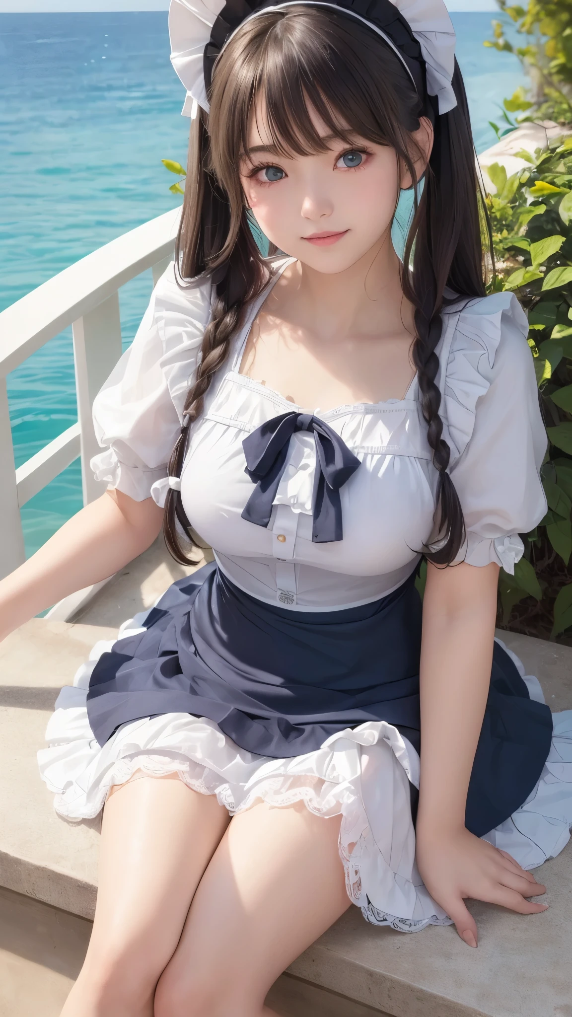 ((masterpiece)), ((highest quality、Ultra high definition)), (Very detailed),8K、Photo quality、((Amazingly cute girl)),)), Two people, , (Beautiful emerald blue eyes), ((smile)),In the open-air bath overlooking the sea, Beautifully arranged black hair in twin tails、スリムボディー、(((Cute lolita maid stylimsuit)))、Professional Lighting、(White lace knee-highore detailed and beautiful)、(More details and cutenesore realistic)、((Just wear light clothing))、プールではしゃぐ、