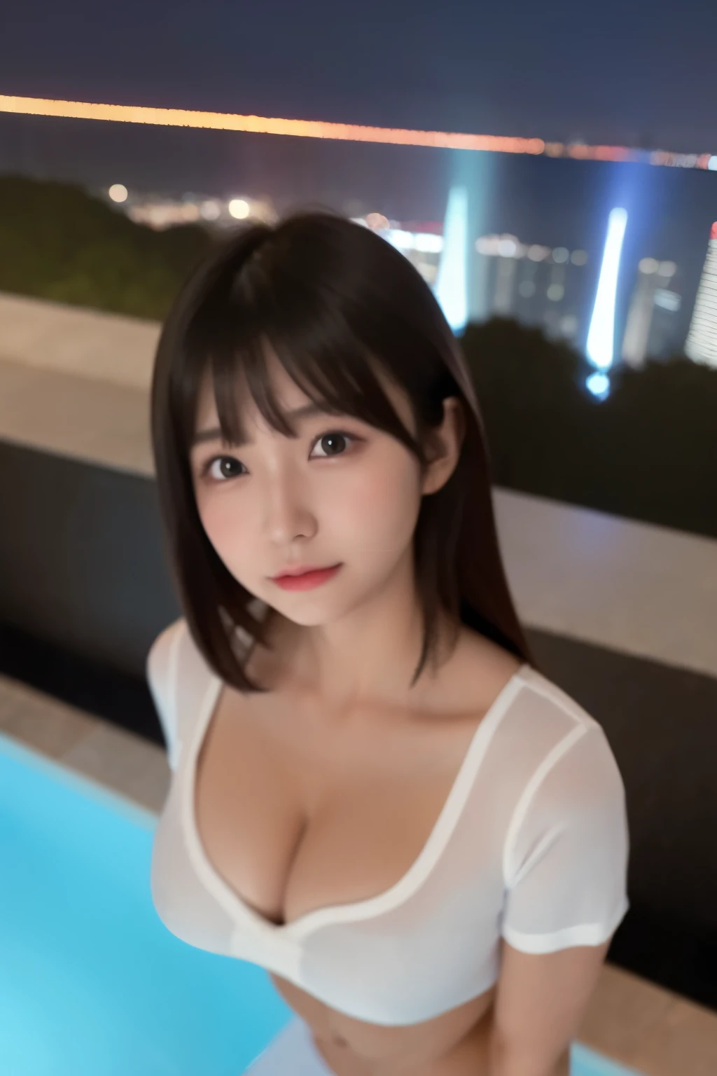 ((4K,8k,Masterpiece))、photograph、Highest quality、Detailed face、RAW、actually exists、Photographed by a professional photographer、BREAK、A rare talent、Beautiful Eyes、looking at the camera、(from above:1.8)、1 Japanese、A beautiful woman、Japanese Idols、Natural Makeup、22 years old、gorgeous、Celebrities、Cleavage、Medium Hair、Wear a white blouse、Go into the pool fully clothed、Wet clothes、See-through clothing、See-through underwear、(Camel Toe)、sexy、Outdoor、Rooftop night pool、Brilliant lighting、Beautiful night view、All、Marina Bay Sands
