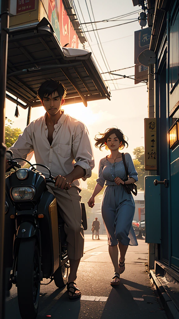 A Couple in an auto rickshaw, short clothes, sunny evening, hyperrealistic, detailed, cinematic lighting, 