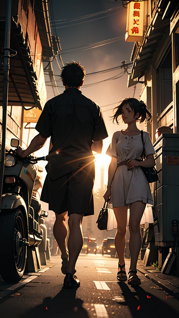 A Couple in an auto rickshaw, short clothes, sunny evening, hyperrealistic, detailed, cinematic lighting, 