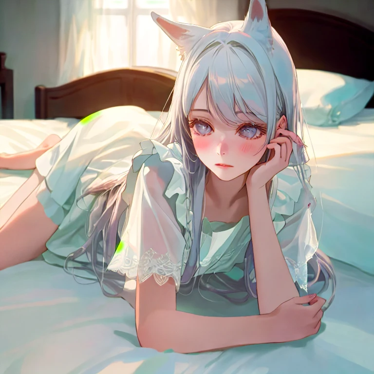 a beautiful young girl lying on a bed, 1 girl, adorable, long white hair, pale skin, barefoot, white stockings, fox ears, maid uniform, alluring, (best quality,4k,8k,highres,masterpiece:1.2),ultra-detailed,(realistic,photorealistic,photo-realistic:1.37),intricate details, warm lighting, soft focus, beautiful eyes, delicate features, elegant pose, serene expression, dreamy, romantic, pastel colors, light and airy