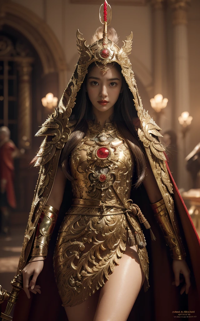 ((masterpiece))), ((best quality))), ((Extremely detailed)), (Surrealism), (Highly detailed CG illustrations), light, Practical, Very beautiful young lady,Sexy, Light makeup,, Complex details EABA, Red cape, spear