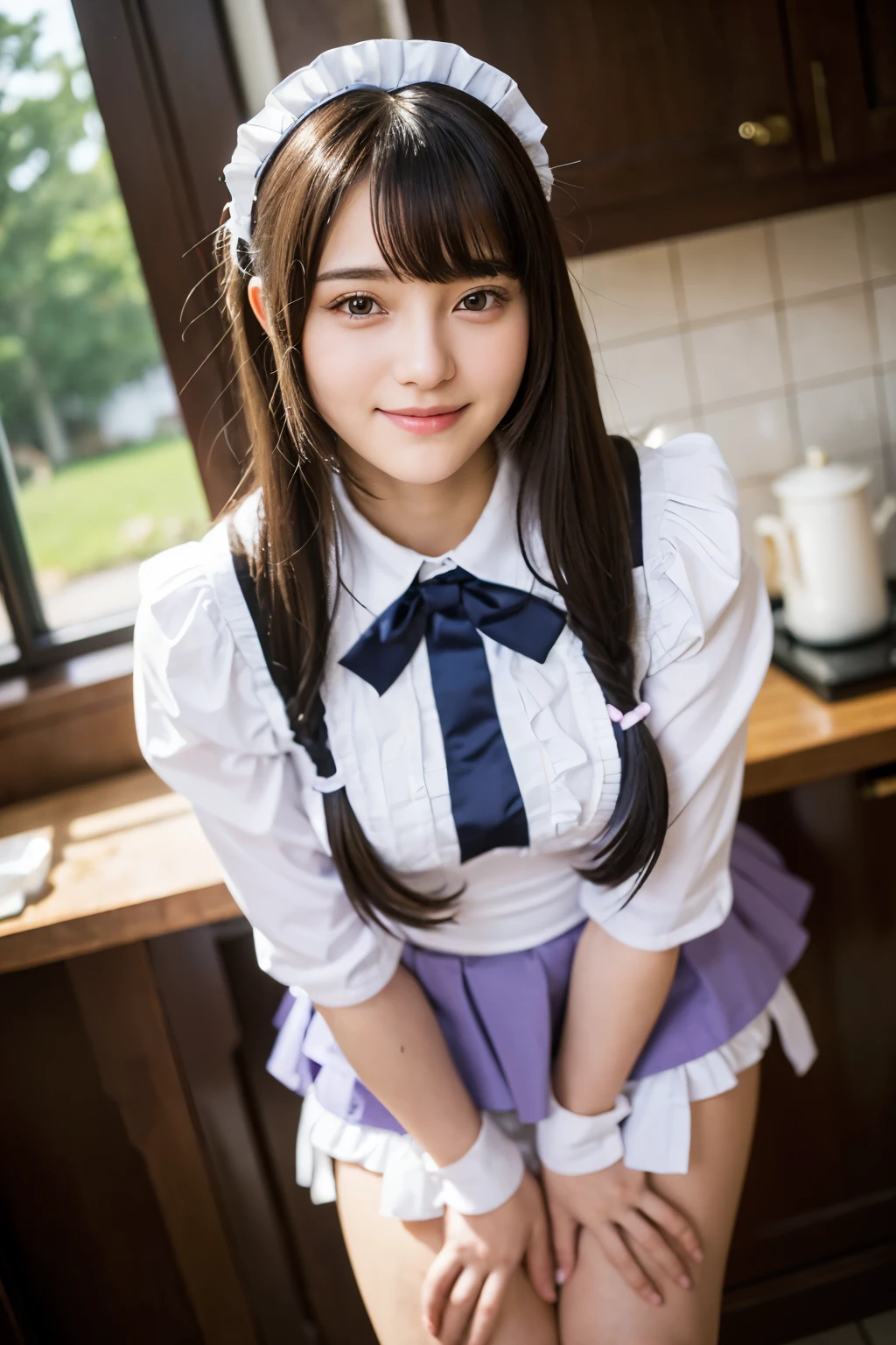 ((masterpiece)), ((best quality)), ((ultra-detailed)),((hyperrealistic)),shiny skin,1girl,,(((swept bangs))),hair intakes ,black hair,long hair,straight hair,sidelocks,sideburns,((dark purple eyes)),medium breasts,,smile,dynamic angle,(maid,miniskirt),((maid cafe)),