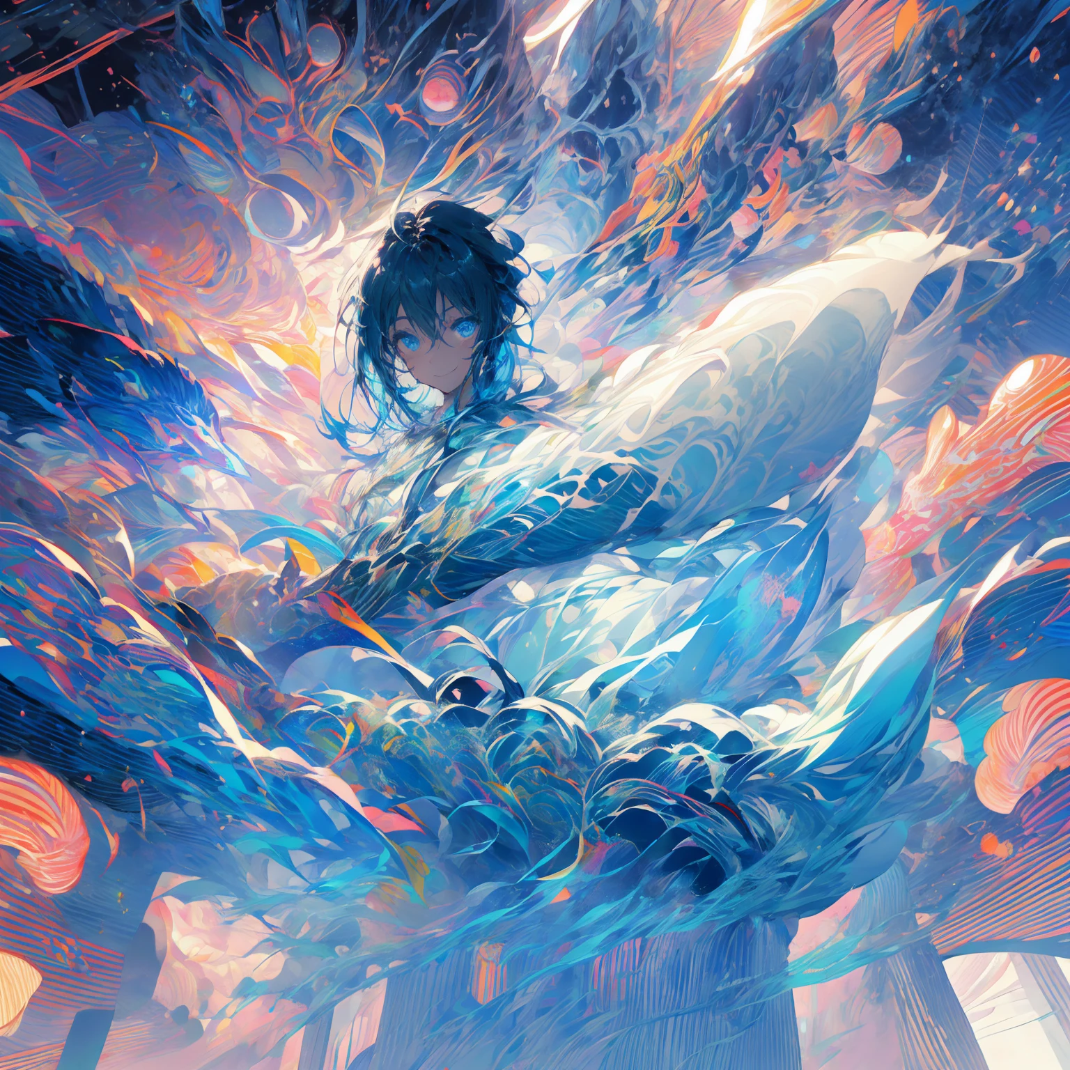solitary, 1Boys, Boys，Boys，masterpiece, best quality, Extremely detailed, Light, Intricate details, high resolution, Official Art, Exquisite face and eyes, high resolution插图, 8K, dark, Strong shadows, Overexposure,((space)),Boys， universe, Light blue hair, Gradient hair, White Dress, , Long Teng flowing sweatshirt long sleeve, Detailed clouds, Gradient sky, Light blue eyes, Blue sky,  Smile,  Upper Body，Boys