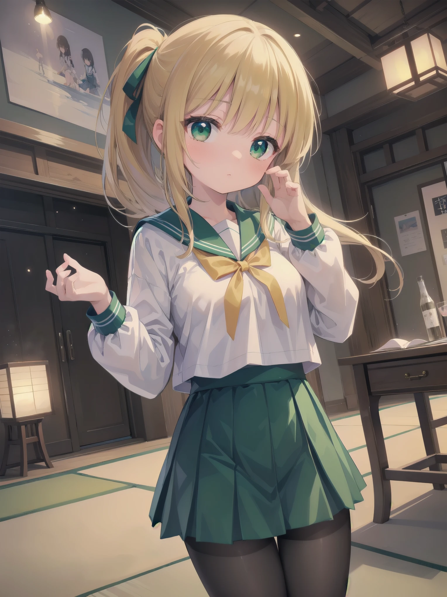 Masterpiece, illustration, super detailed, kawaii, one girl, 独奏, slender , Japanese girl, chou chou, ribbon, nape of neck, low ponytail, cute pose in Less revealing attire, (green sailor outfit, two gold lines), large gold ribbon, priss skirt, black pantyhose, , Long Sleeves, White innerwear for sailor suit, living room, cowgirl shot, sfw, dynamic angle、Close-up on the characters、(building, city、A dense fog of fluorescent particles、１８００Era、Japanese Style、Fiction、grow、Overwhelming、Detailed street）、A beautiful girl with a beautiful background and a super cute pose
