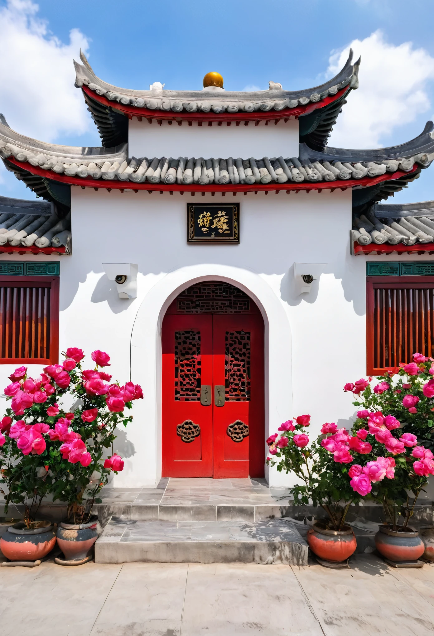 Front view，Chinese style building white wall，Round door，There are some colorful roses on the wall，A wide road
