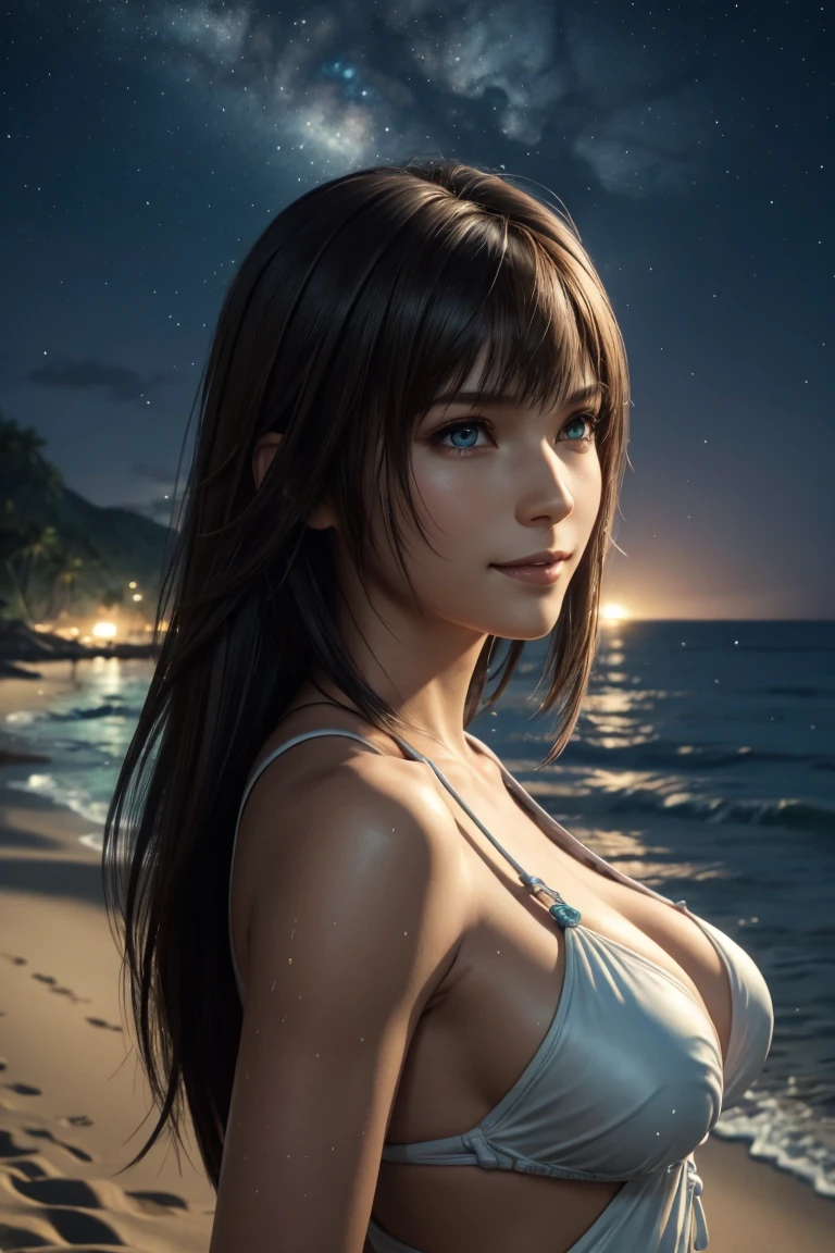 The best one,Yuna,Final Fantasy 10,FF10,Medium Hair,Brown hair,Let your bangs down,Beautiful green and blue odd eyes,,Beautiful and tall nose,Photorealistic,Ultra HD,high quality,masterpiece,Digital SLR,Detailed details,Intricate details,Anatomical basis,Depicted in detail,A detailed face,Realistic skin texture,Vivid details,Perfect Anatomy,Perfect Anatomy,Anatomically correct hand,Anatomically correct fingers,Super Detail,Complex 3D rendering,Huge ,Sexy pose,Final Fantasy 10の美しい世界,Pure white swimsuit,Wet,,Beautiful night sky,A beach with a beautiful starry sky,Fantastic beaches,Fantasy worldview,Picturesque,Pink Lips,smile,Beautiful in profile,