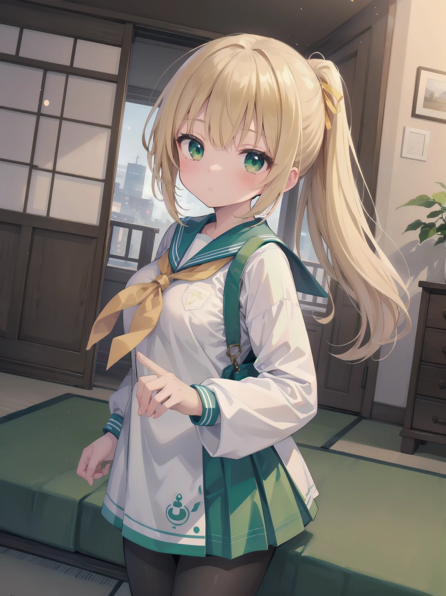 Masterpiece, illustration, super detailed, kawaii, one girl, 独奏, slender , Japanese girl, chou chou, ribbon, nape of neck, low ponytail, cute pose in Less revealing attire, (green sailor outfit, two gold lines), large gold ribbon, priss skirt, black pantyhose, , Long Sleeves, White innerwear for sailor suit, living room, cowgirl shot, sfw, dynamic angle、Close-up on the characters、(building, city、A dense fog of fluorescent particles、1800Era、Japanese Style、Fiction、grow、Overwhelming、Detailed street)、A beautiful girl with a beautiful background and a super cute pose