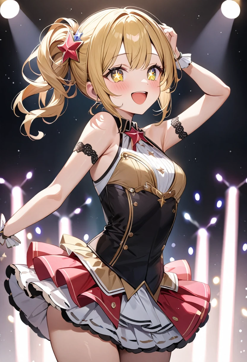 (masterpiece, top quality, very aesthetic, 4k、illustration), intricate detail, 1woman,contrapposto 、,(cowboy shot)、Dancing,(star-shaped pupils),Cute 、singing、Open mouth happy smile、Random Hairstyle、Random Hair Color、,middle hair,sidelock ,Random Color eyes、idol clothes、small breasts、Slim 、