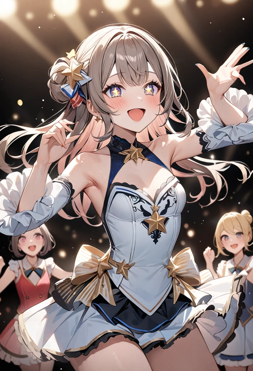 (masterpiece, top quality, very aesthetic, 4k、illustration), intricate detail, 1woman,contrapposto 、,(cowboy shot)、Dancing,(star-shaped pupils),Cute 、singing、Open mouth happy smile、Random Hairstyle、Random Hair Color、,middle hair,sidelock ,Random Color　eyes、idol clothes、small breasts、Slim 、