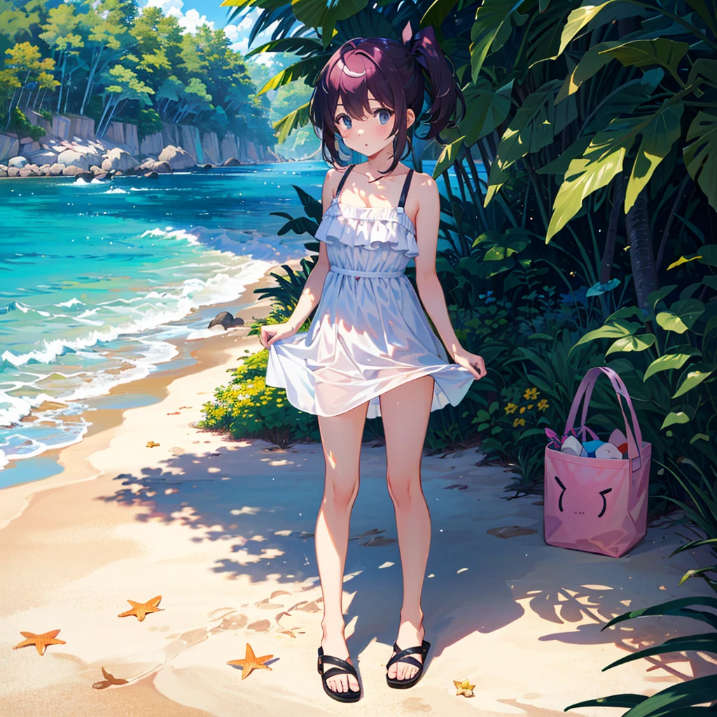 {{{Masterpiece, highest quality, high resolution background}}}, bright and beautiful atmosphere, 3 girls (2 years old, 1 short-tempered round face), 1 (hair, surface effects), small breasts, changing clothes under a tree , Girl taking off her dress, swimsuit under the dress, plastic bag at her feet, wearing beach sandals, , Sandy beach, ``deltamon_sdXL :0.73) >Deltamon''